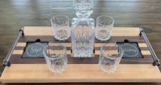 maple, zebra and walnut wood Drink Tray Set - With Crystal Glasses & Coasters