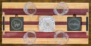 maple and purple heart wood Drink Tray Set - With Crystal Glasses & Coasters