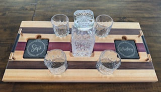 maple, purple heart and walnut wood Drink Tray Set - With Crystal Glasses & Coasters