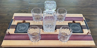 maple, purple heart and walnut wood Drink Tray Set - With Crystal Glasses & Coasters