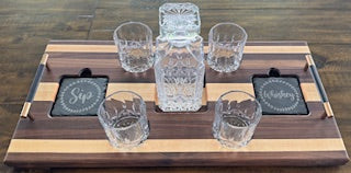 maple and walnut wood Drink Tray Set - With Crystal Glasses & Coasters