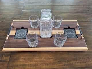 maple and walnut wood Drink Tray Set - With Crystal Glasses & Coasters