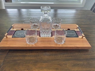 cherry, maple, and purple heart wood Drink Tray Set  With Crystal Glasses & Coasters