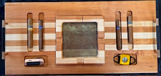 maple, and cherry wood Cigar Tray Set With Cigar Cutter, Torch Lighter, 4 cigars, and a central removable ashtray
