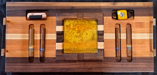 walnut, maple, and cherry wood Cigar Tray Set With Cigar Cutter, Torch Lighter, 4 cigars, and a central removable ashtray