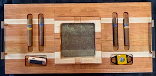 maple, and cherry wood Cigar Tray Set With Cigar Cutter, Torch Lighter, 4 cigars, and a central removable ashtray