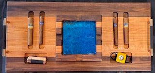 walnut, and cherry wood Cigar Tray Set With Cigar Cutter , Torch Lighter, 4 cigars, and a central removable ashtray