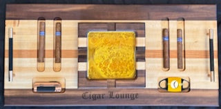 Canadian maple, and cherry wood Cigar Tray Set With Cigar Cutter , Torch Lighter, 4 cigars, and a central removable ashtray