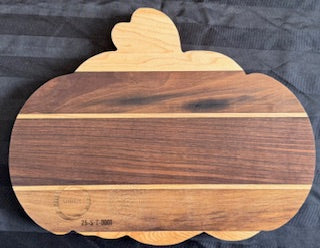 Maple, walnut and cherry wood pumpkin shaped serving tray