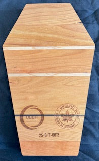 Maple, Walnut and cherry wood coffin-shaped serving tray with 'RIP' engraved
