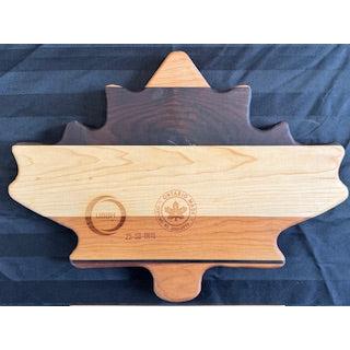 Engraved Maple, Cherry & Walnut Maple Leaf Shaped Serving Board – maple leaf shaped board with engraved details in maple, cherry, and walnut