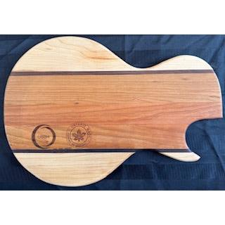 Engraved Cherry, Maple & Walnut Guitar Shaped Serving Board – guitar shaped serving board with engraved details, cherry, maple, and walnut