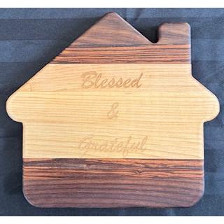 Engraved Maple, Zebrawood & Walnut House Shaped Serving Board - #25-SB-0018